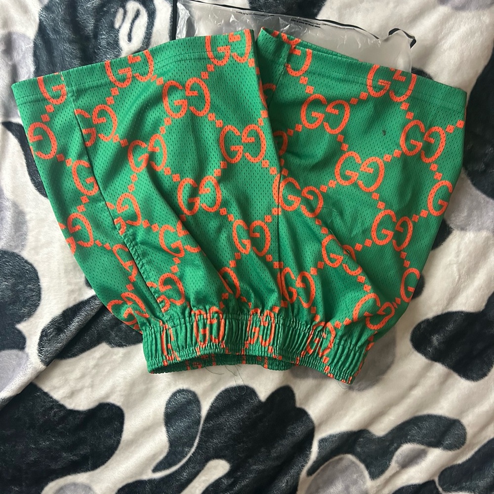 Bravest Studio Gucci Vibrant Green Shorts with Orange Accents